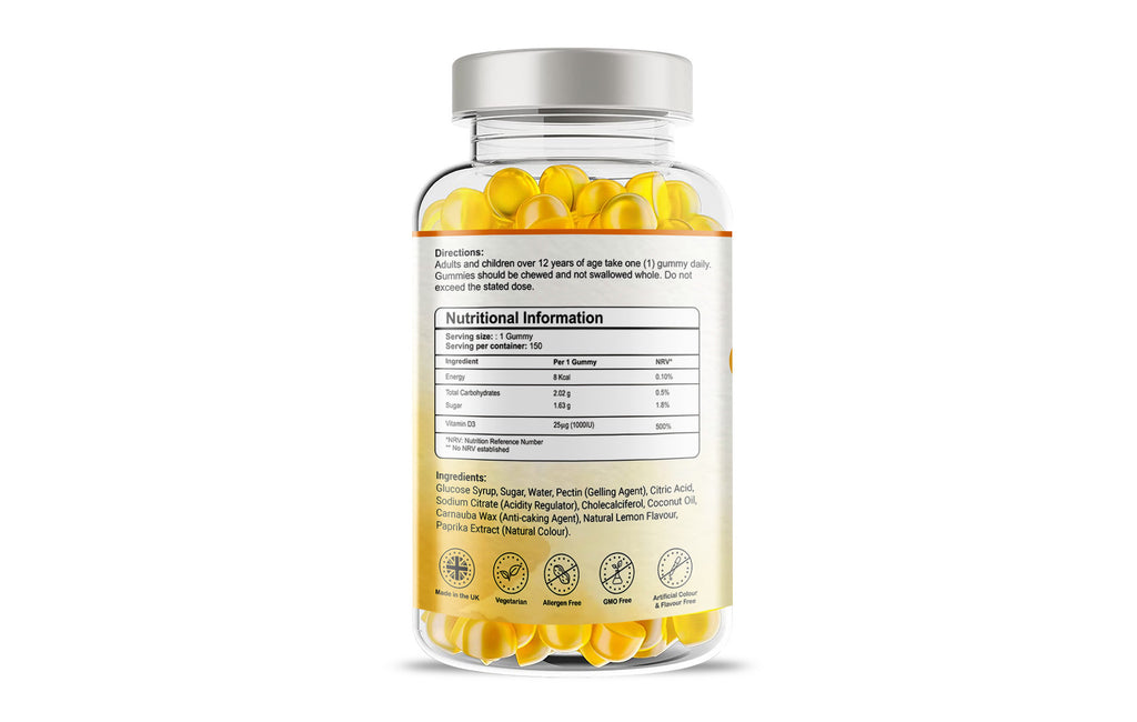 Vitamin D3 1000iu Gummies - 150 Natural Lemon Flavour Gummies for Teens & Adults